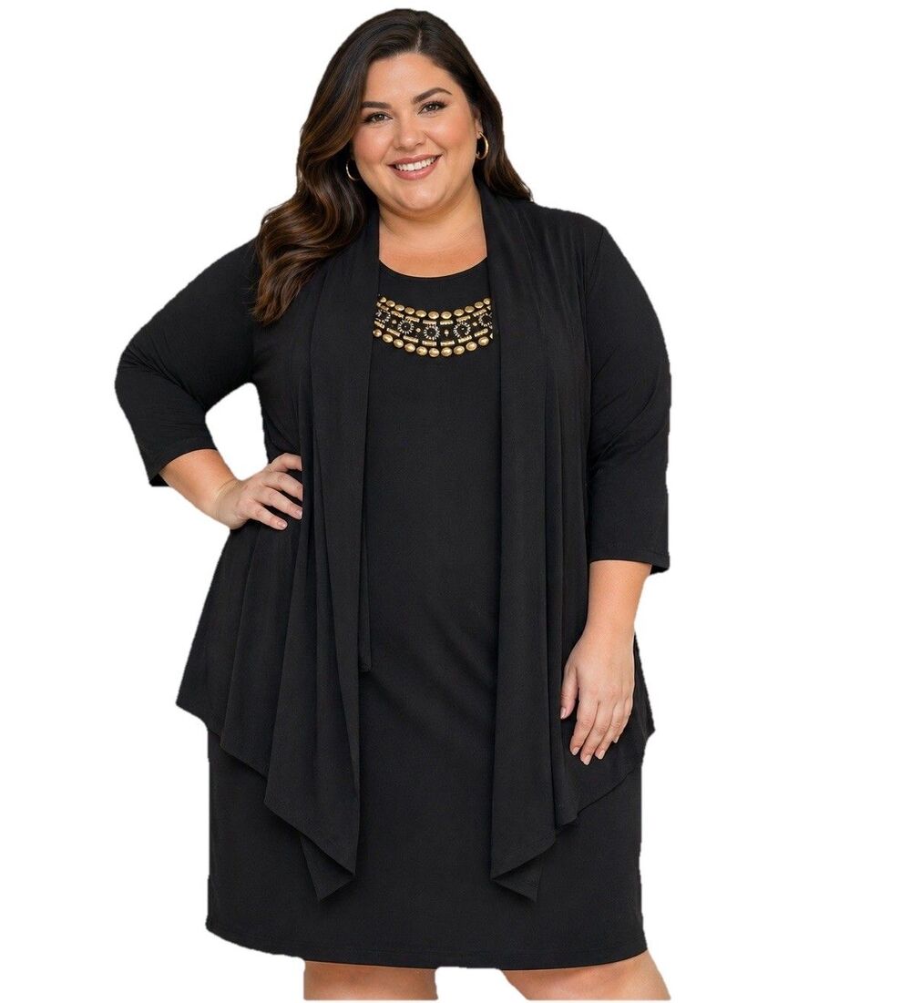 Tiana B 14W Black Beaded Neck Faux 2 Piece Dress Attached Jacket